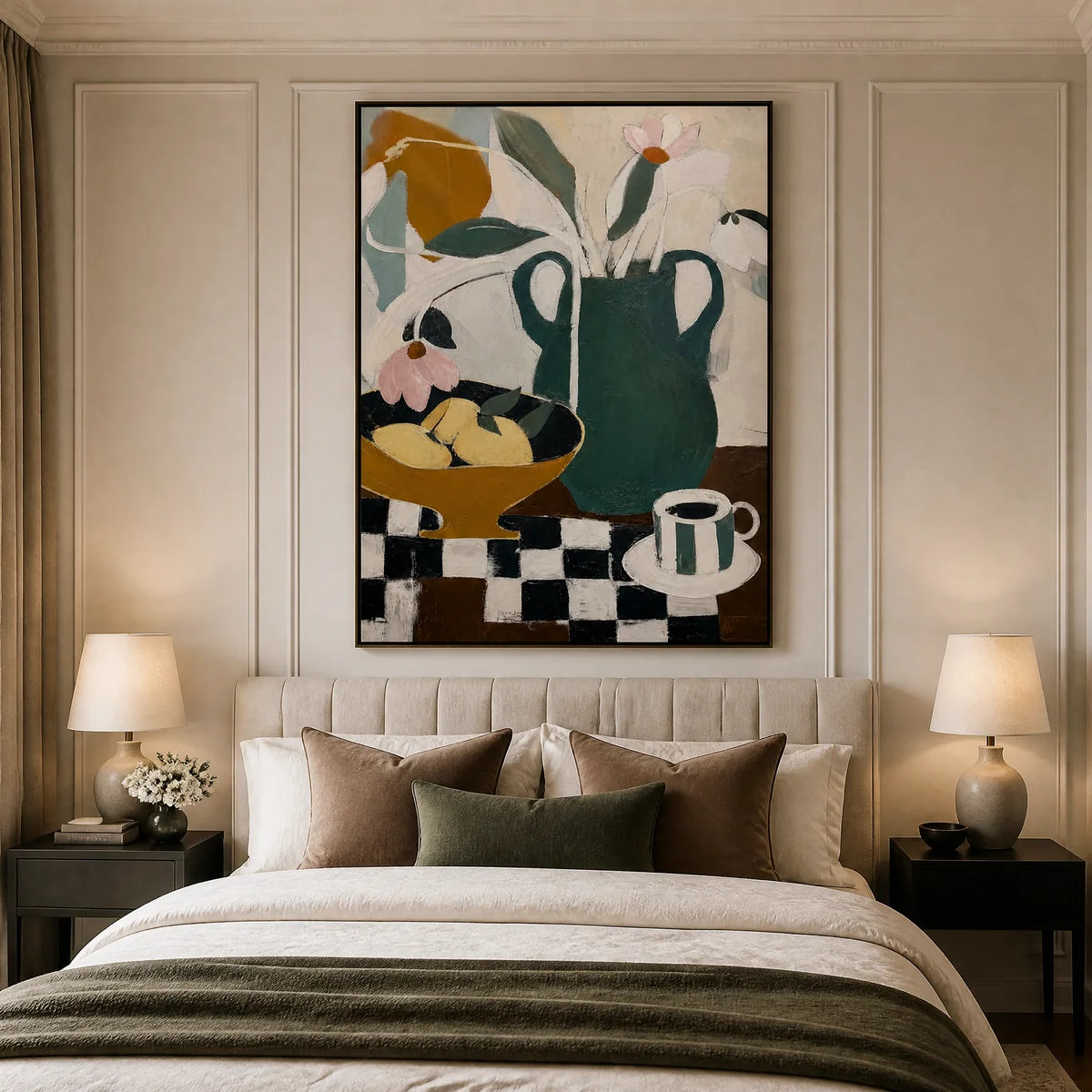 Checkered Still Life in a refined bedroom with black frame