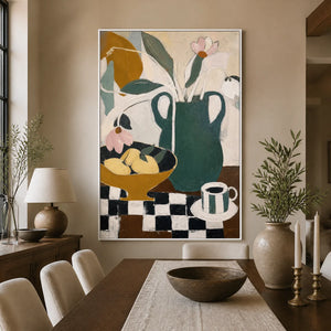 Checkered Still Life in a refined dining room with white frame