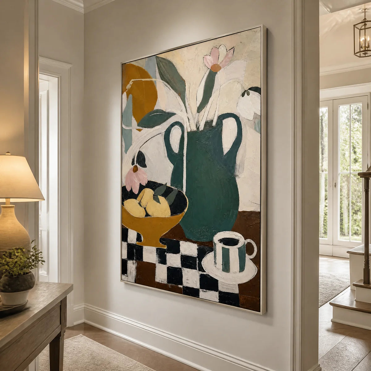 Checkered Still Life in a refined entry hall with silver frame
