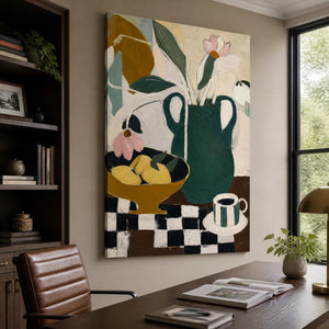 Checkered Still Life in a refined office, frameless