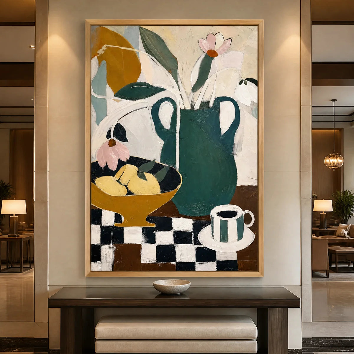 Checkered Still Life in a refined hotel interior with wood frame