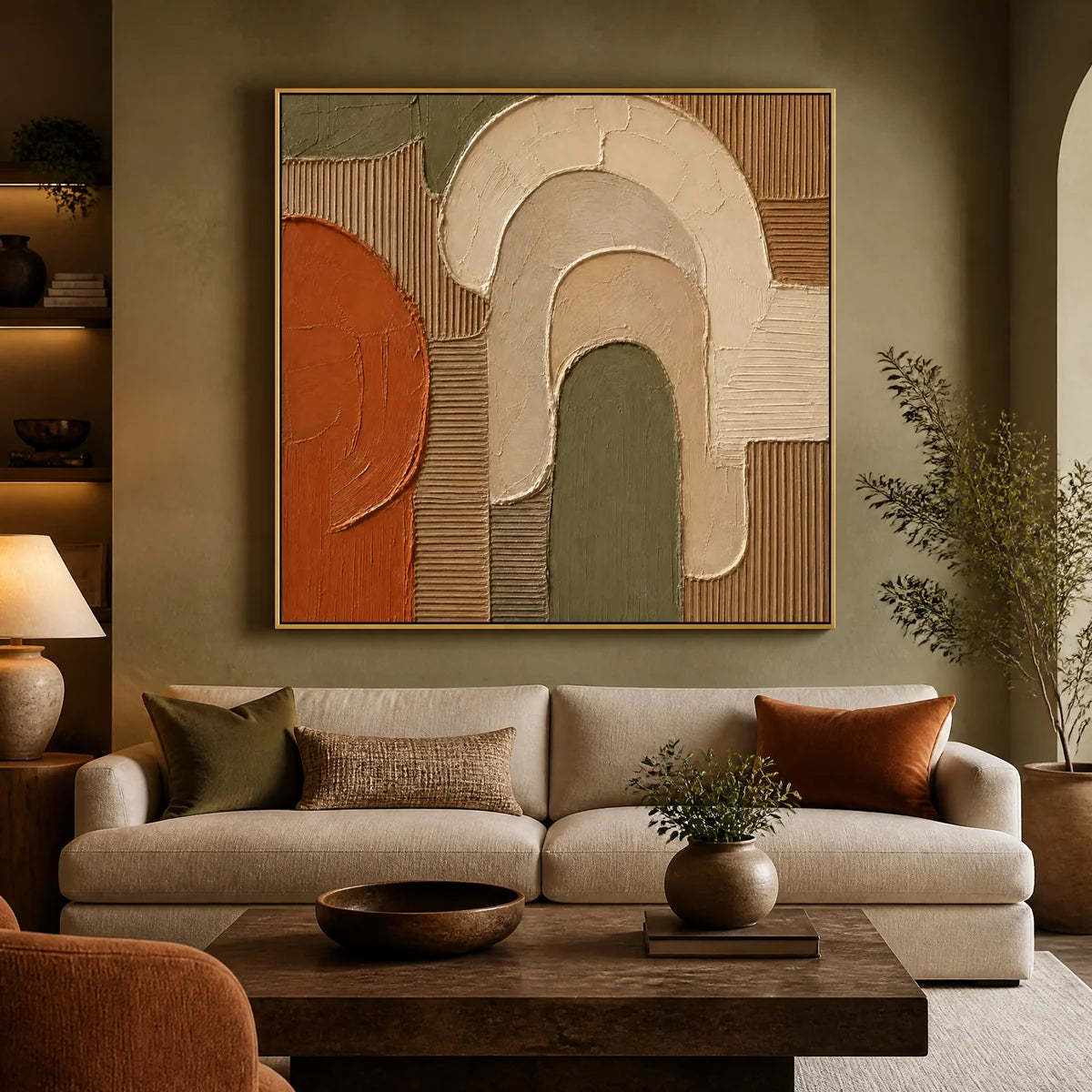 Earthen Archways in a refined living room with gold frame