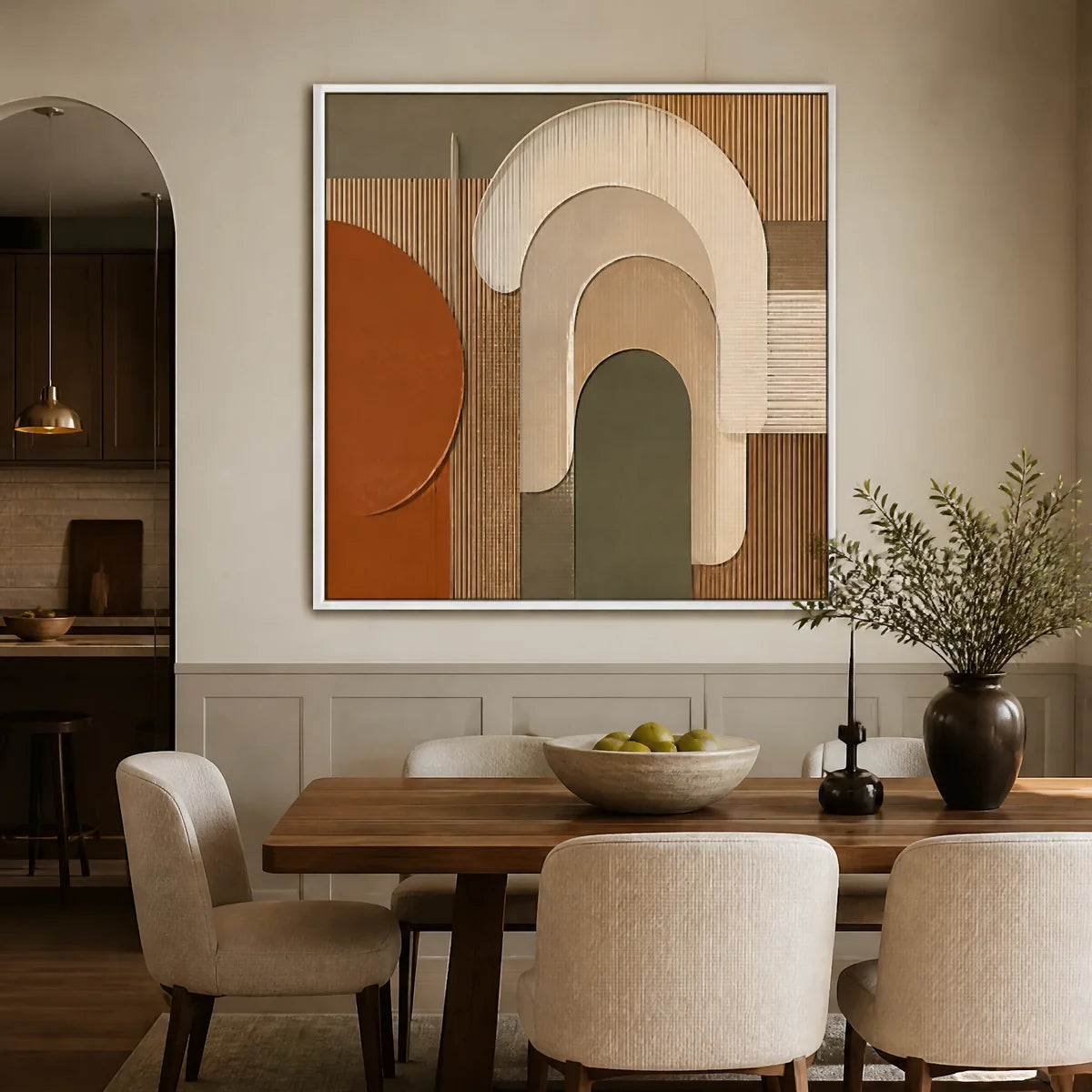 Earthen Archways in a refined dining room with white frame