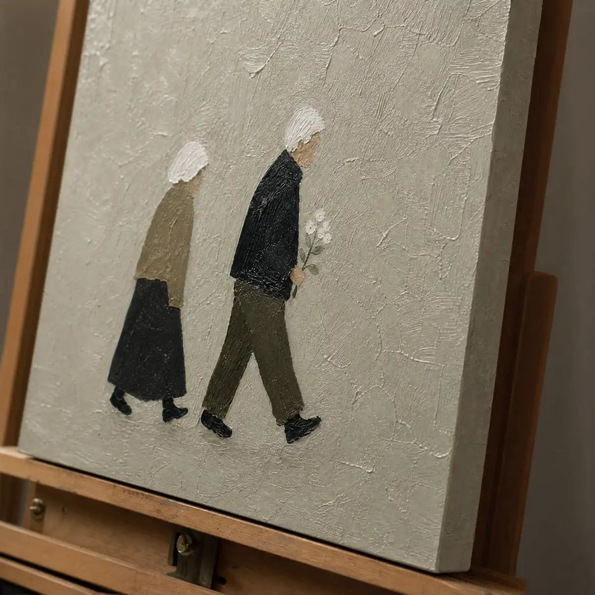 Close-up detail of Companions In Silence showing hand-painted texture and part of the frame