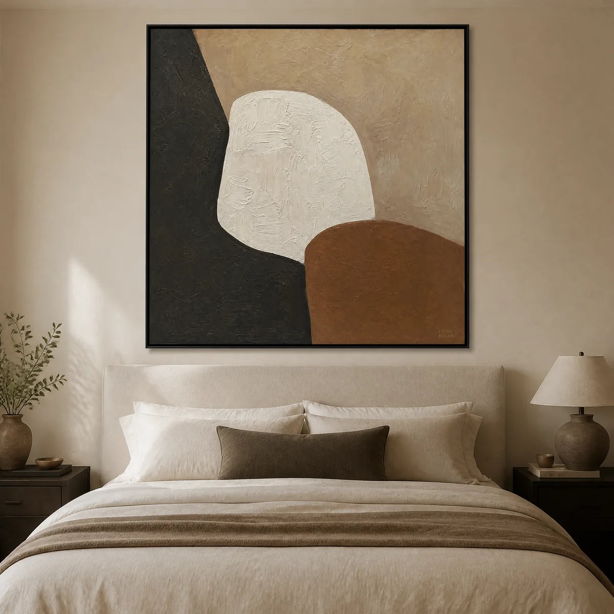 Quiet Forms in a refined bedroom with black frame