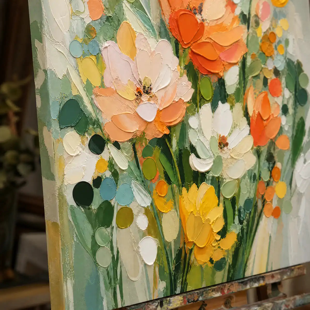 Close-up detail of Citrus Garden showing hand-painted texture and part of the frame