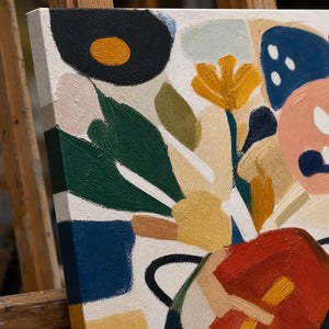 Close-up detail of Botanical Table showing hand-painted texture and part of the frame