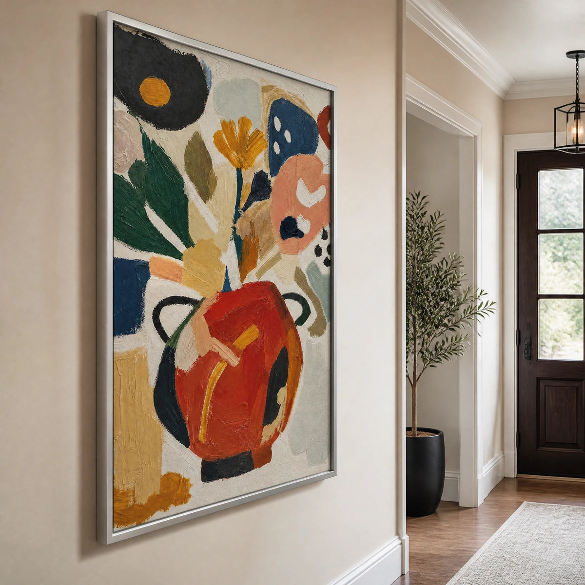 Botanical Table in a refined entry hall with silver frame