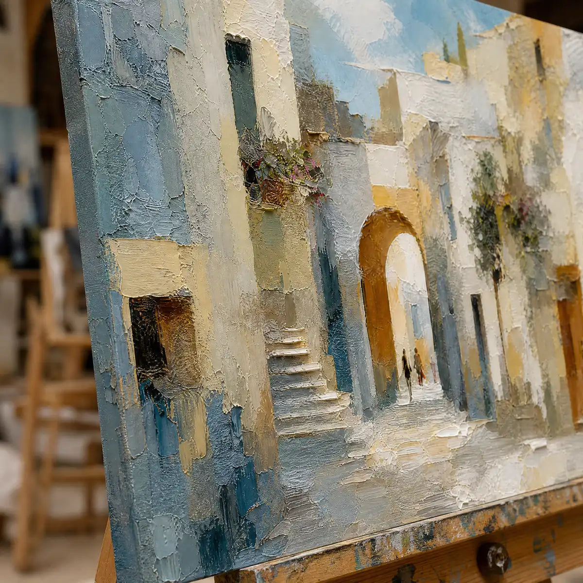 Close-up detail of Blue Hour Arcades showing hand-painted texture and part of the frame