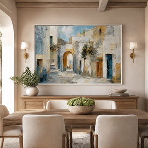 Blue Hour Arcades in a refined dining room with white frame