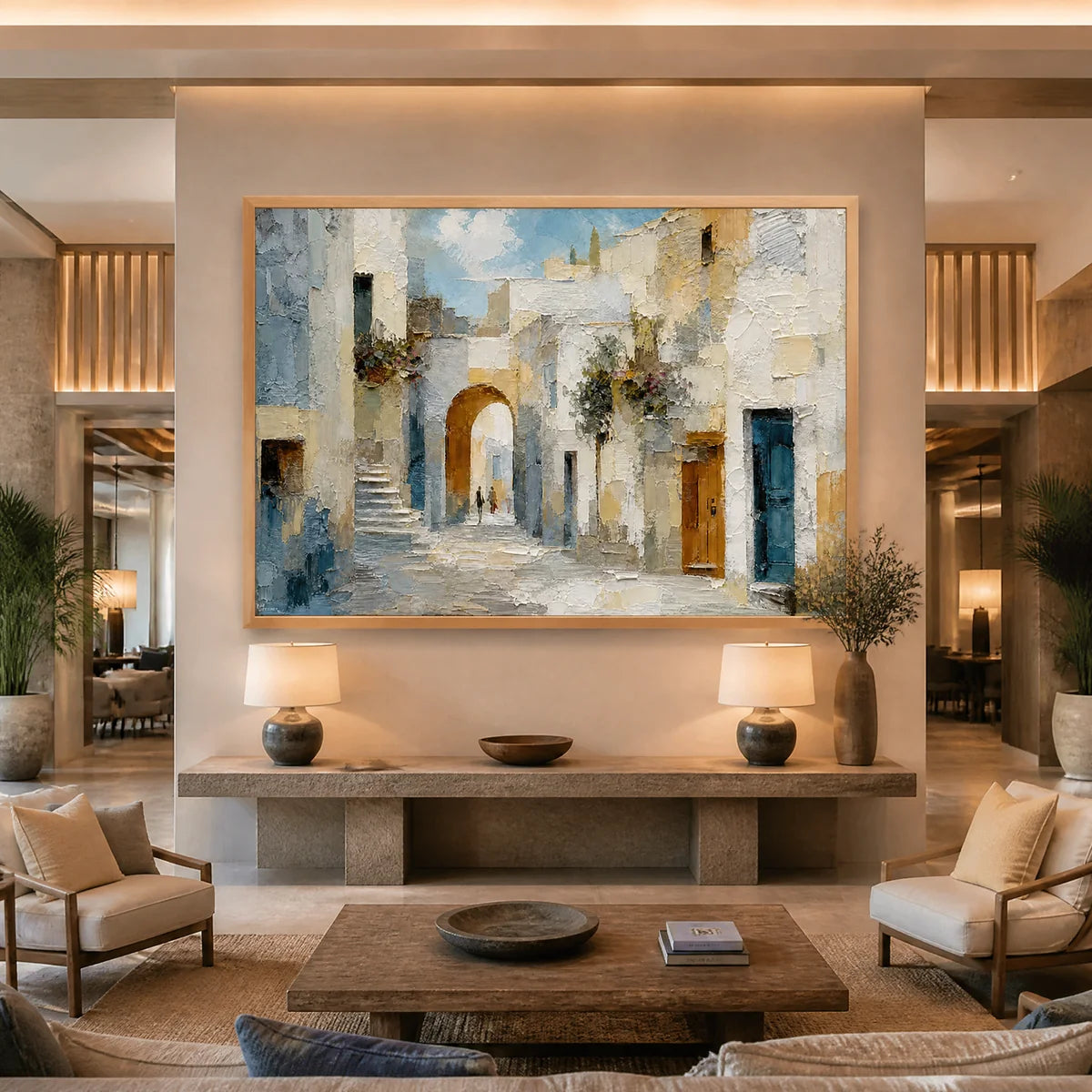 Blue Hour Arcades in a refined hotel interior with wood frame