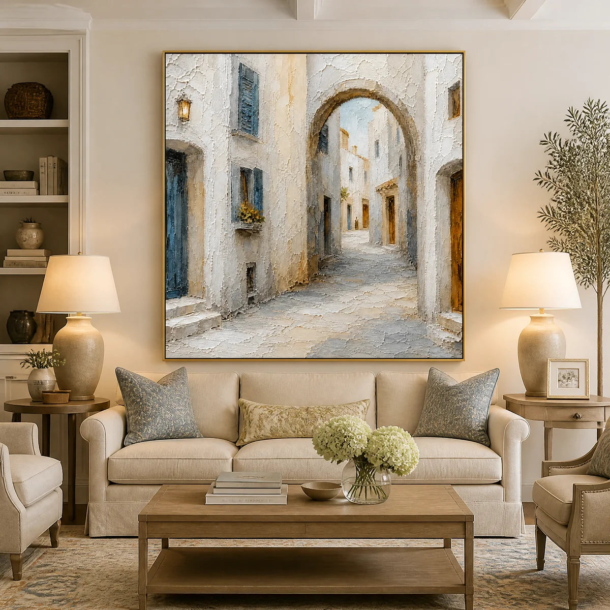 Whitewashed Lane in a refined living room with gold frame