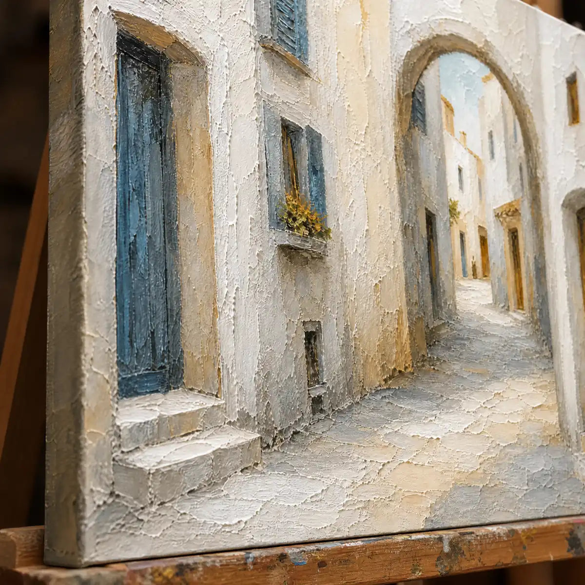 Close-up detail of Whitewashed Lane showing hand-painted texture and part of the frame
