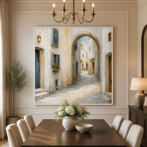 Whitewashed Lane in a refined dining room with white frame