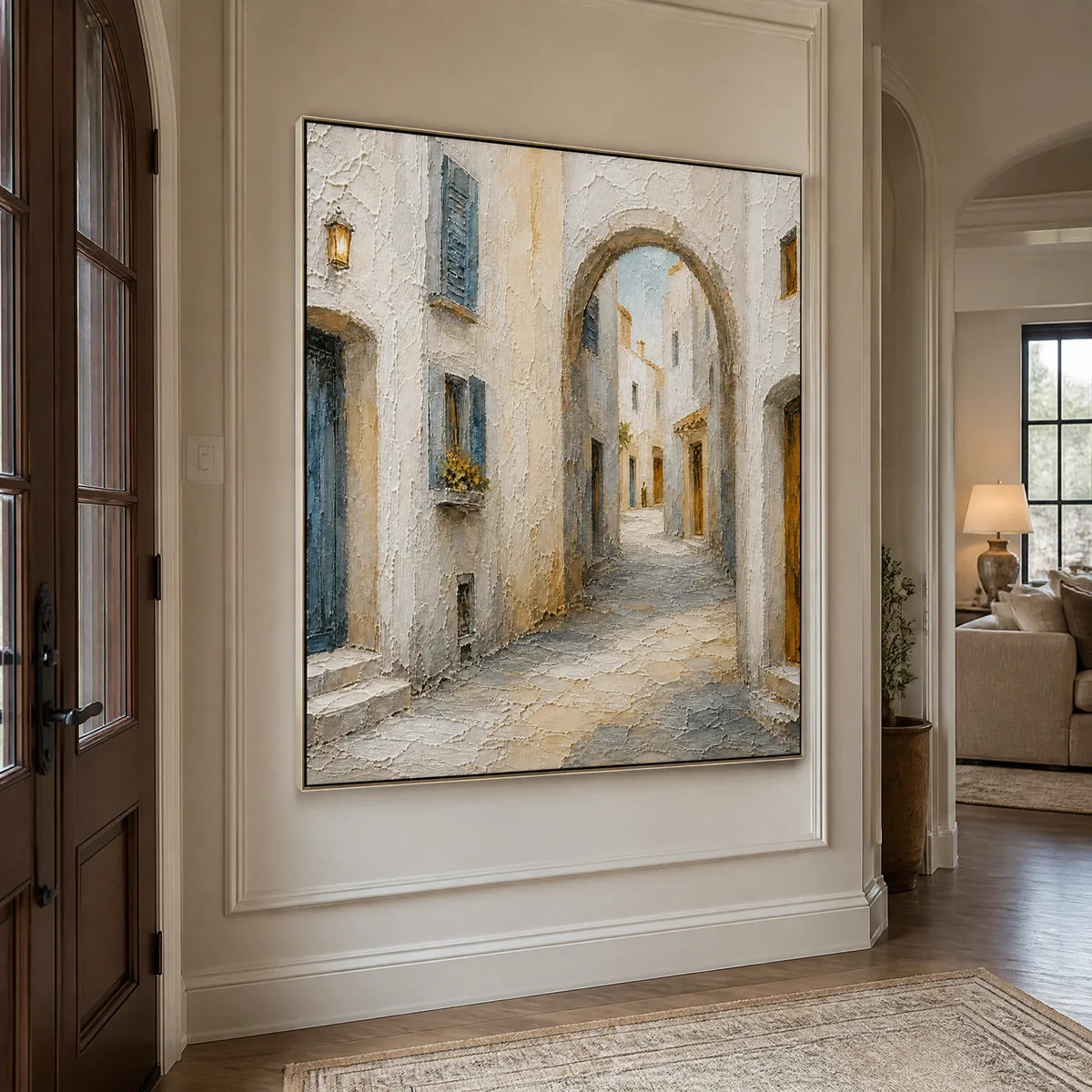 Whitewashed Lane in a refined entry hall with silver frame