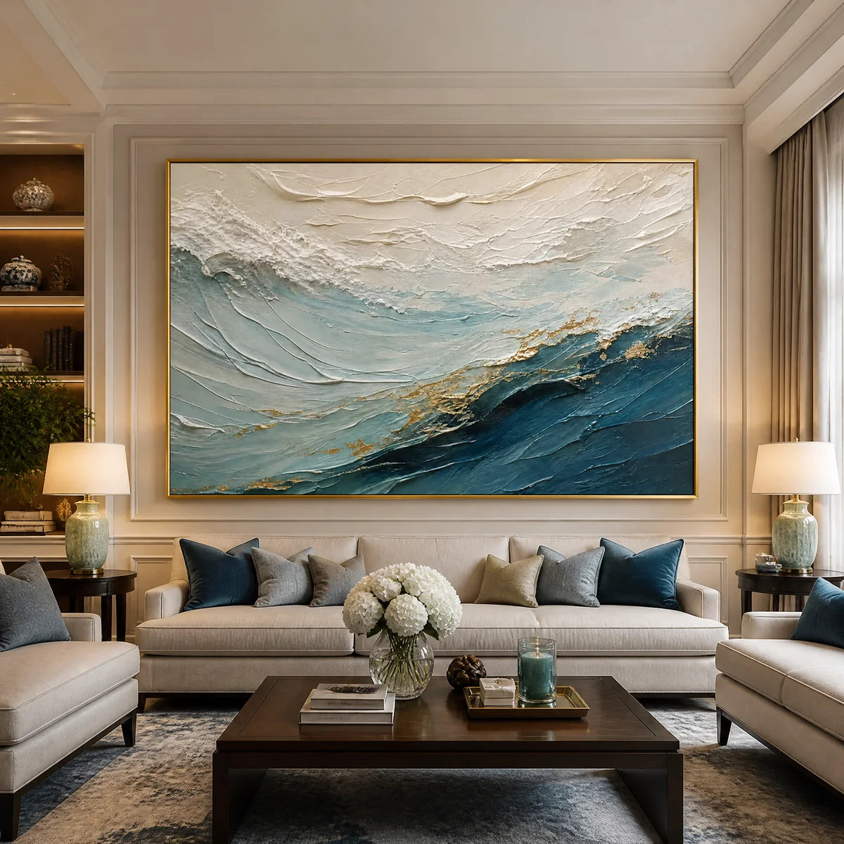 Open Water Crest in a refined living room with gold frame
