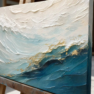 Close-up detail of Open Water Crest showing hand-painted texture and part of the frame
