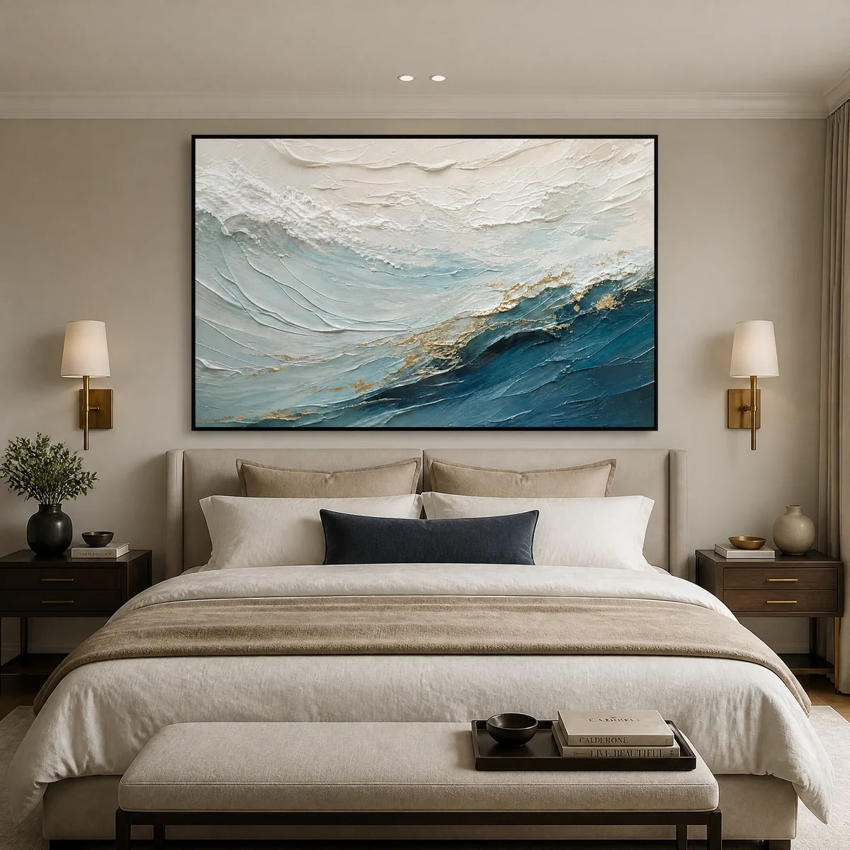 Open Water Crest in a refined bedroom with black frame