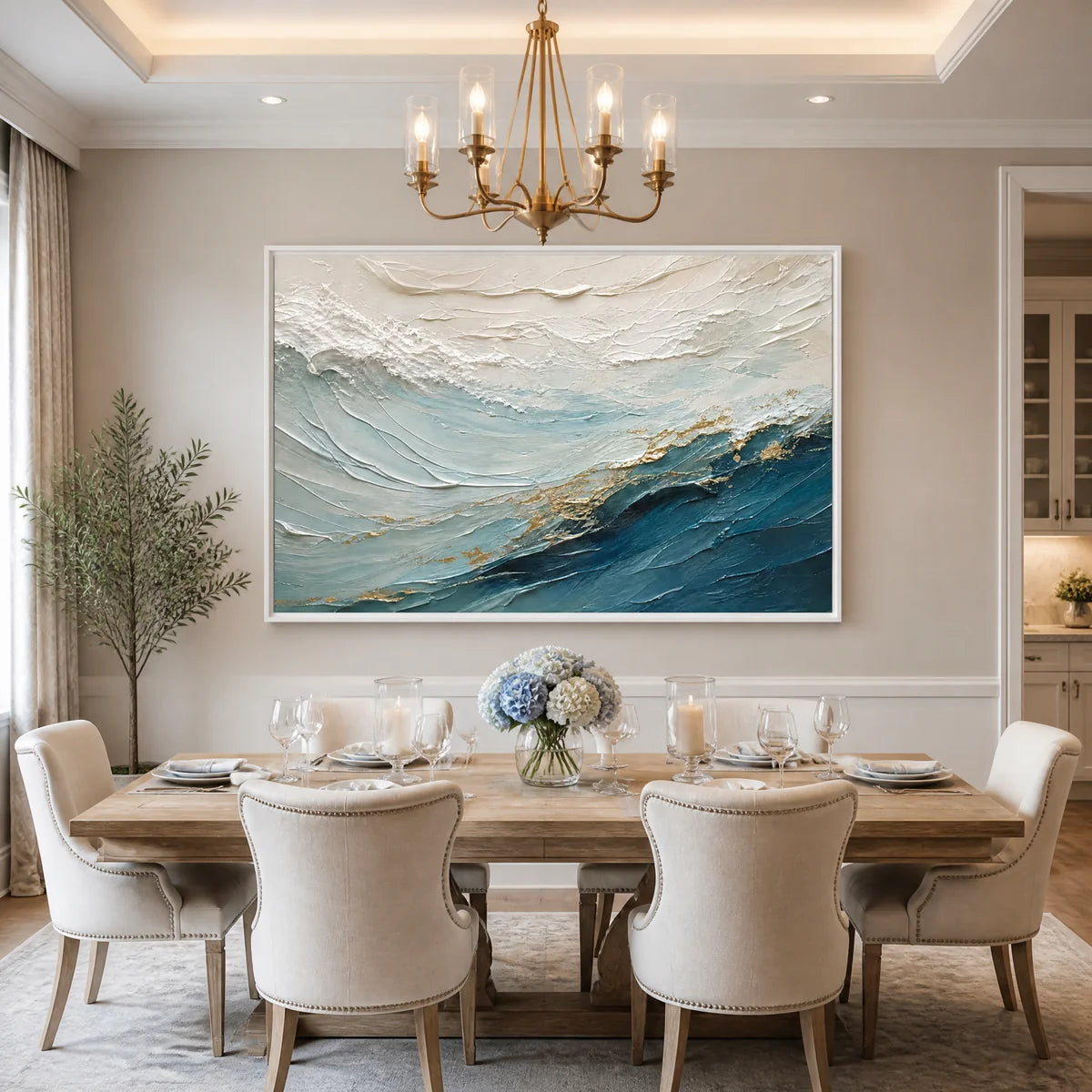 Open Water Crest in a refined dining room with white frame