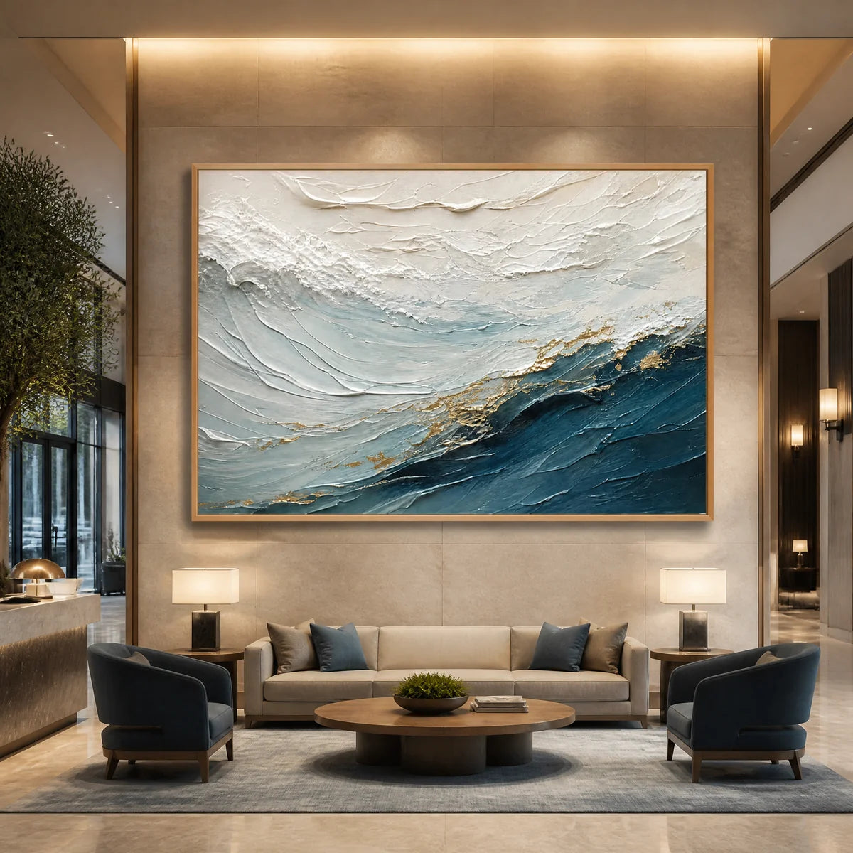 Open Water Crest in a refined hotel interior with wood frame