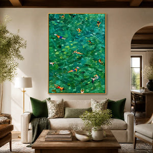 Emerald Swimmers in a refined living room with gold frame