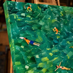 Close-up detail of Emerald Swimmers showing hand-painted texture and part of the frame