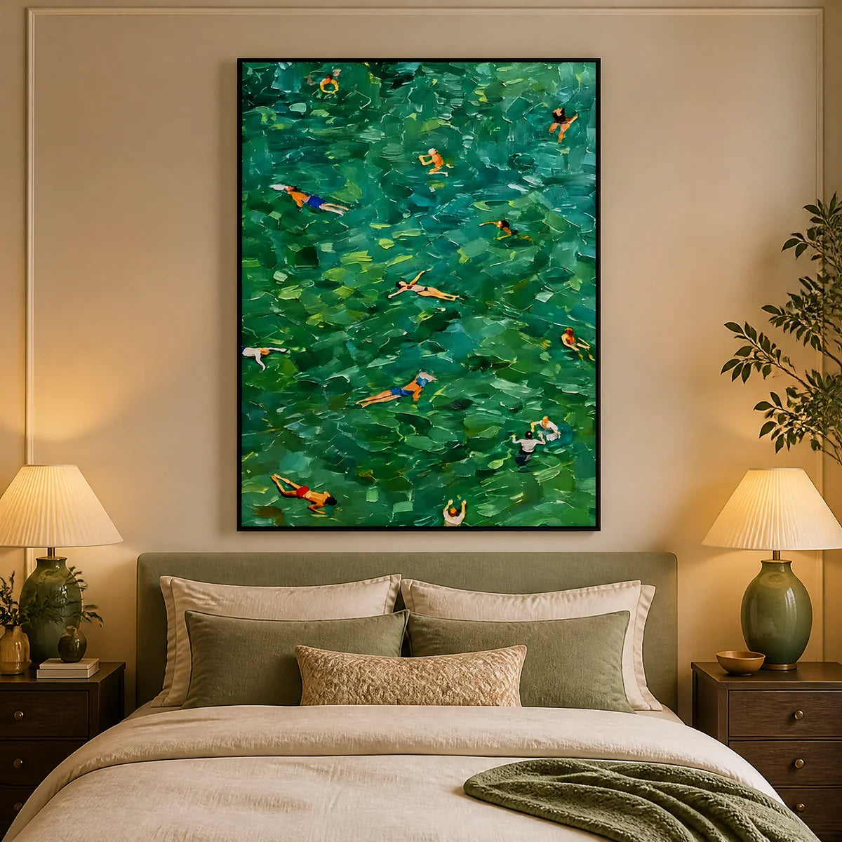 Emerald Swimmers in a refined bedroom with black frame