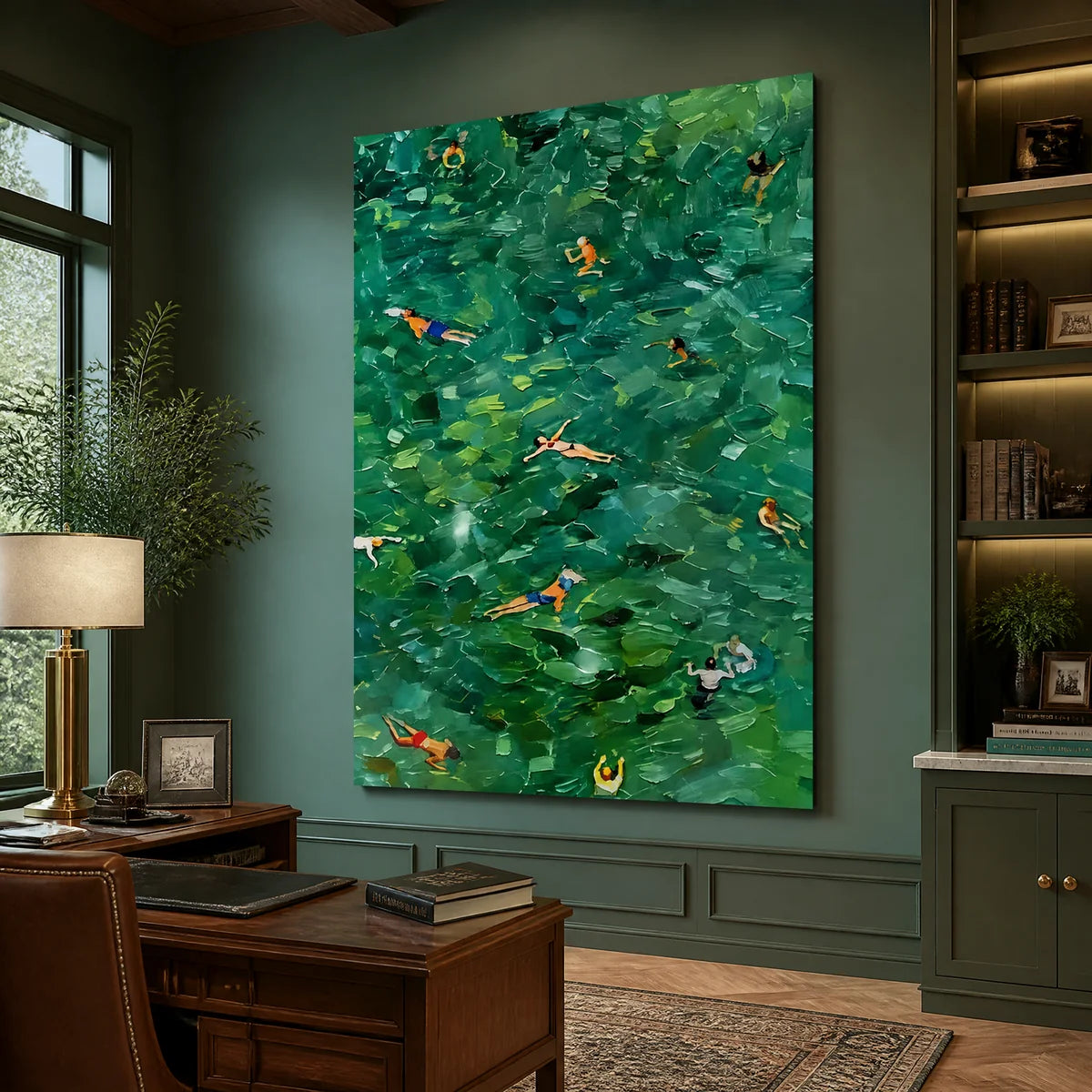 Emerald Swimmers in a refined office, frameless