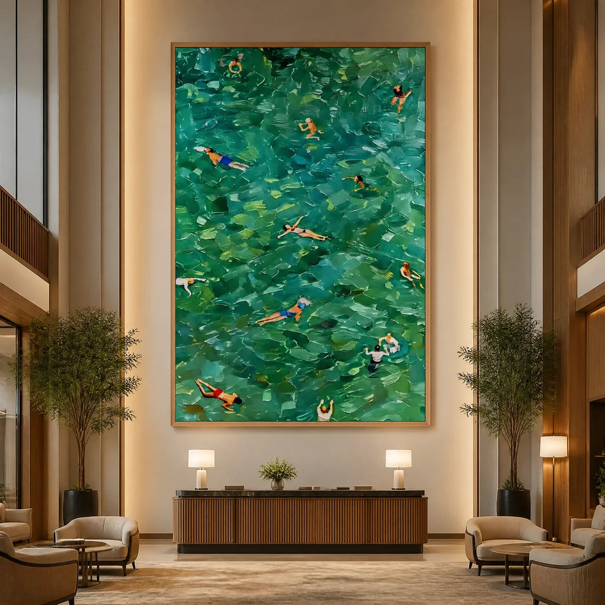 Emerald Swimmers in a refined hotel interior with wood frame