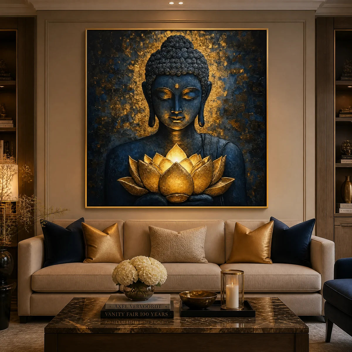 Lotus Stillness in a refined living room with gold frame