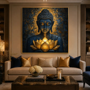 Lotus Stillness in a refined living room with gold frame