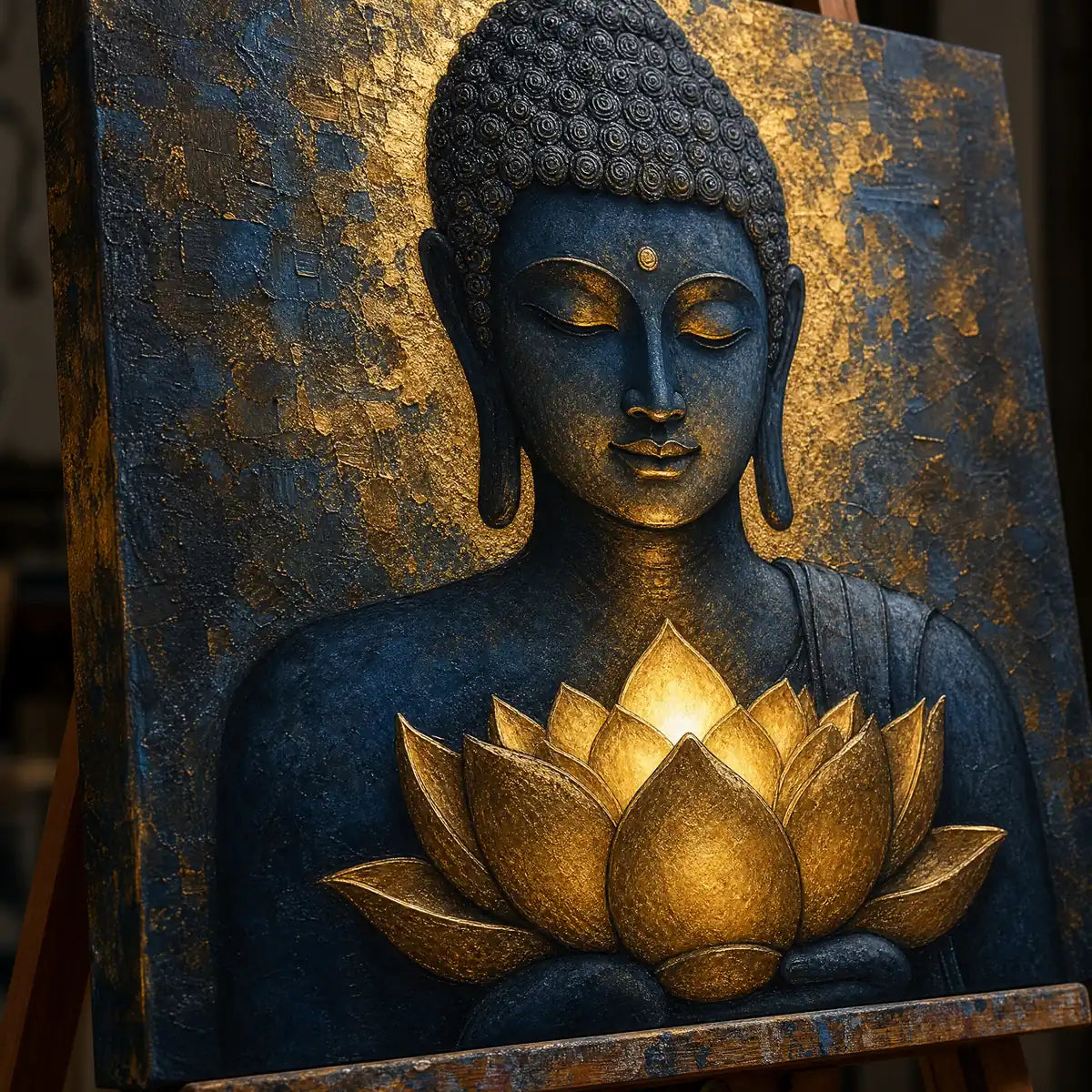 Close-up detail of Lotus Stillness showing hand-painted texture and part of the frame