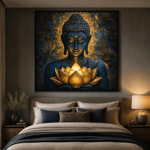 Lotus Stillness in a refined bedroom with black frame