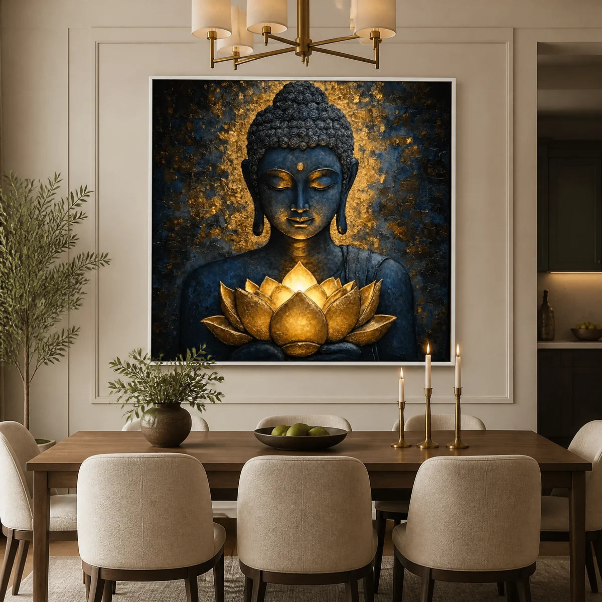 Lotus Stillness in a refined dining room with white frame