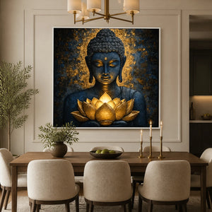 Lotus Stillness in a refined dining room with white frame