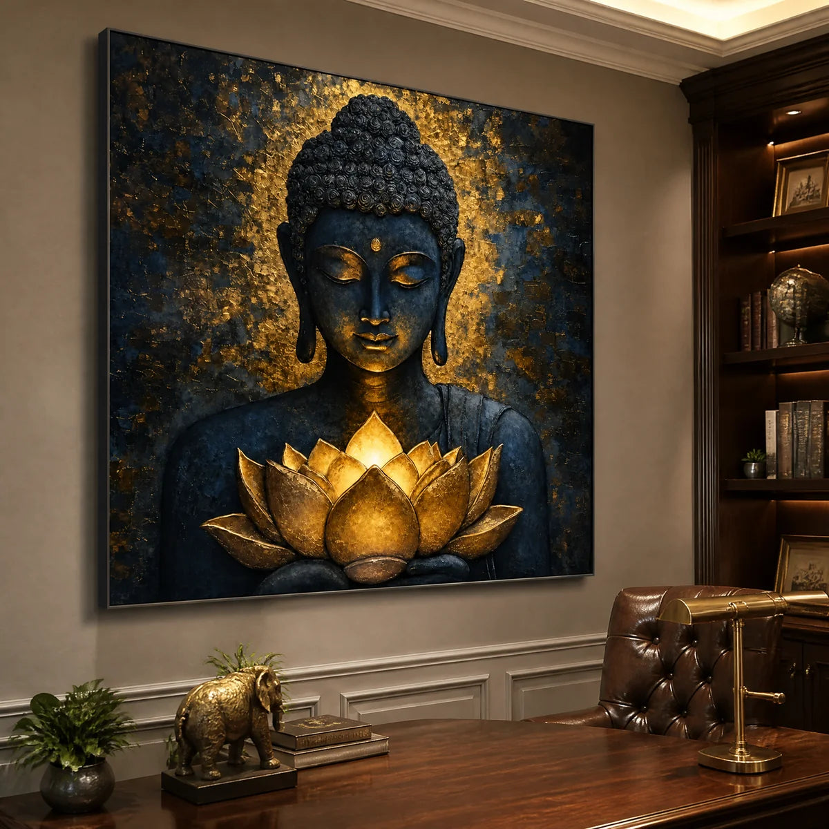 Lotus Stillness in a refined office, frameless