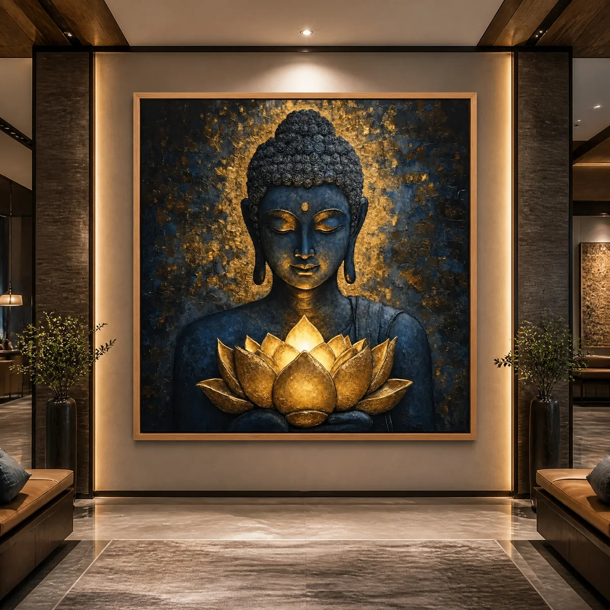 Lotus Stillness in a refined hotel interior with wood frame