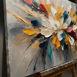 Close-up detail of Petal Explosion showing hand-painted texture and part of the frame