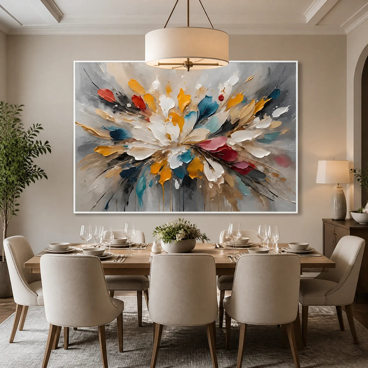 Petal Explosion in a refined dining room with white frame