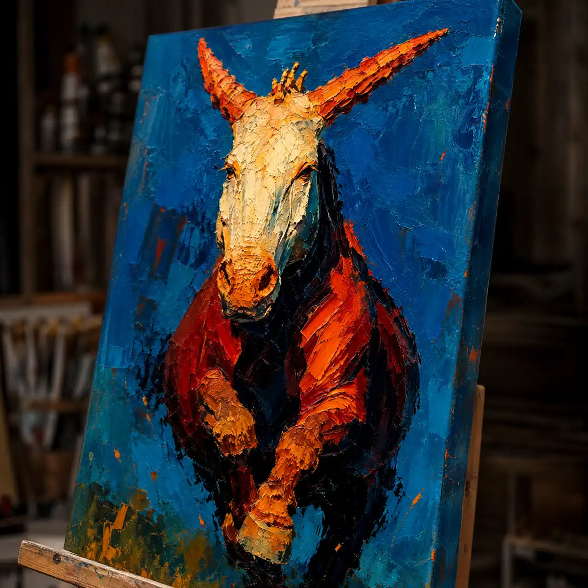 Close-up detail of Ember Stallion showing hand-painted texture and part of the frame