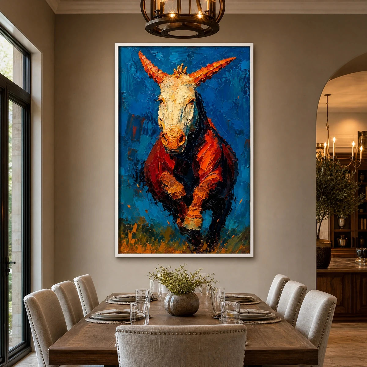 Ember Stallion in a refined dining room with white frame