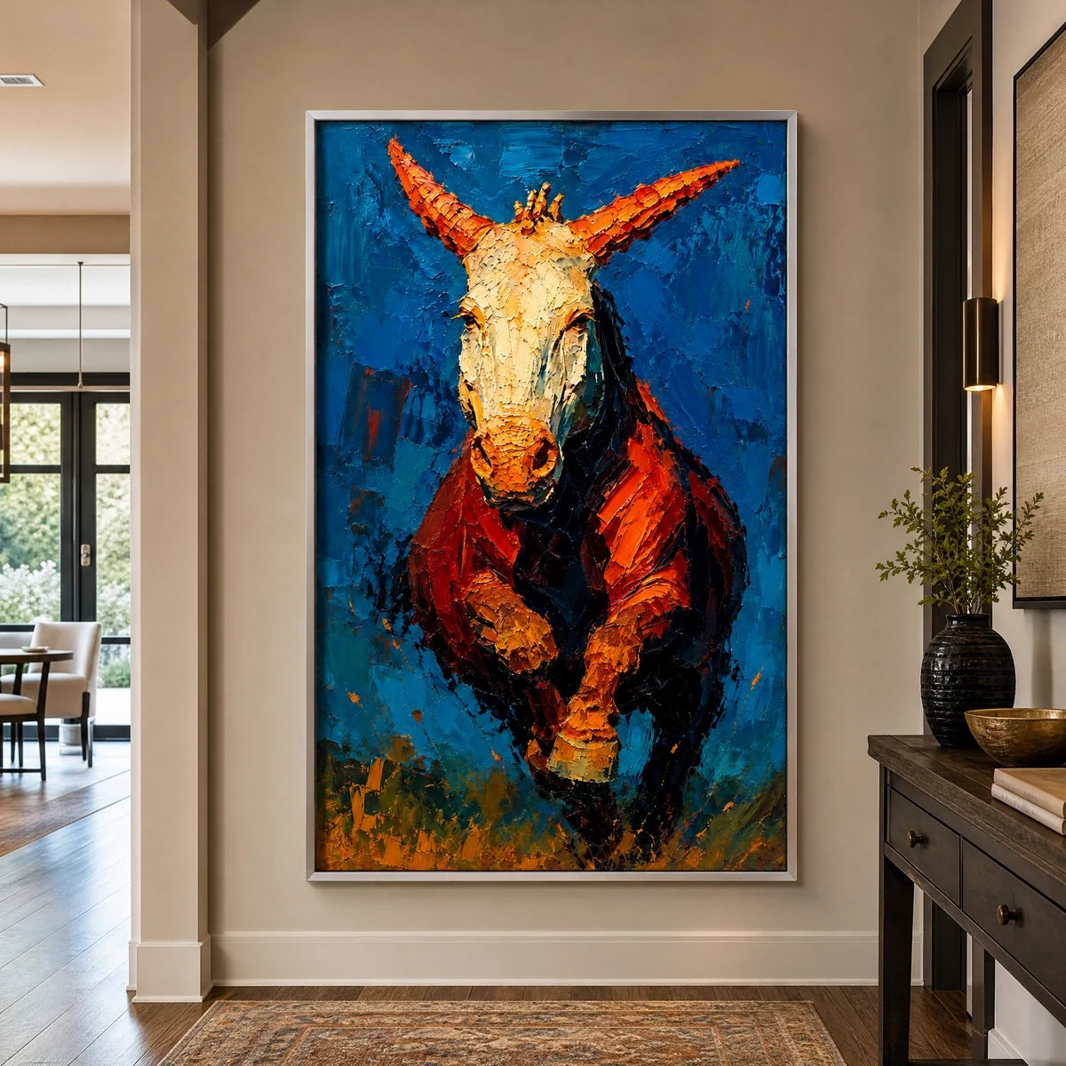 Ember Stallion in a refined entry hall with silver frame