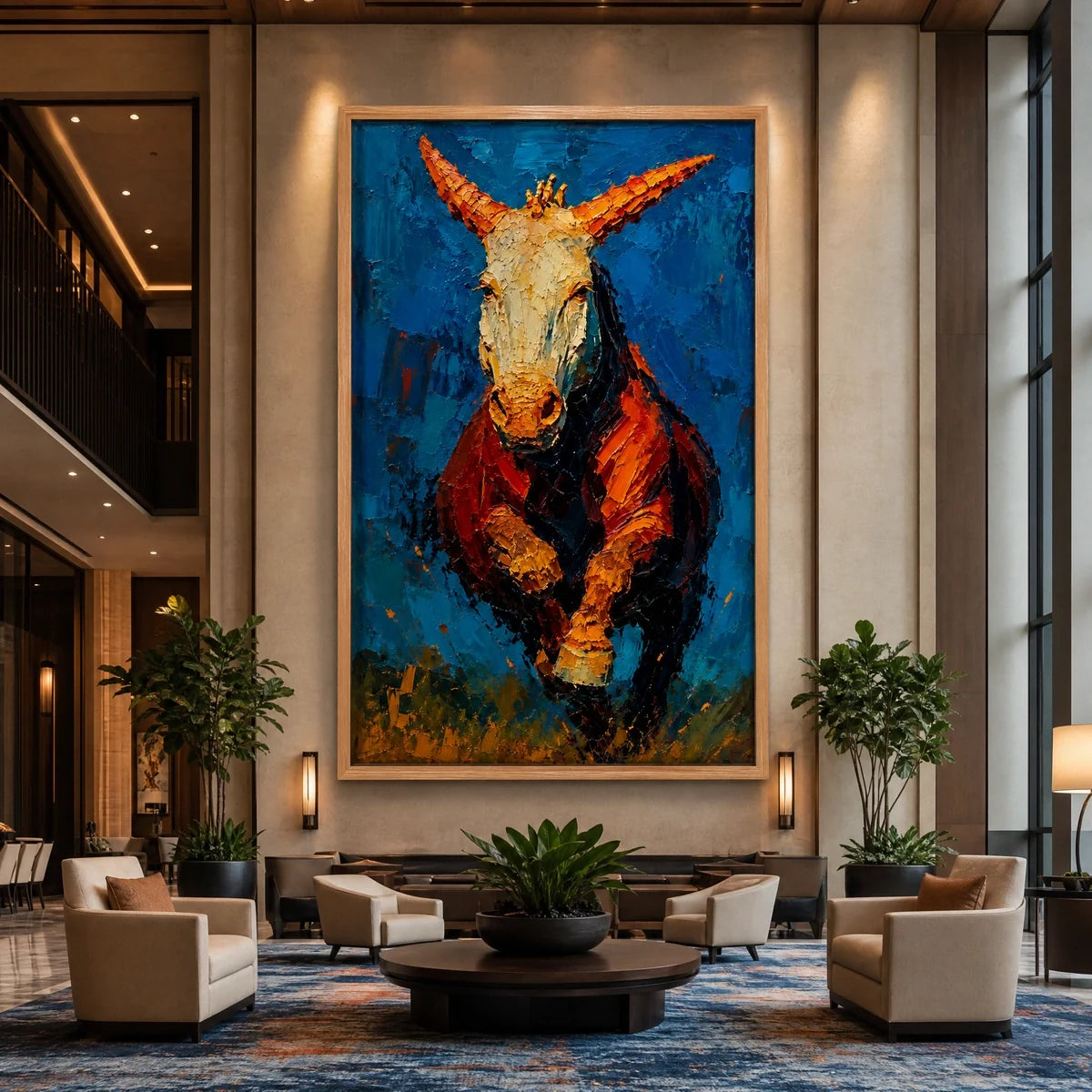 Ember Stallion in a refined hotel interior with wood frame
