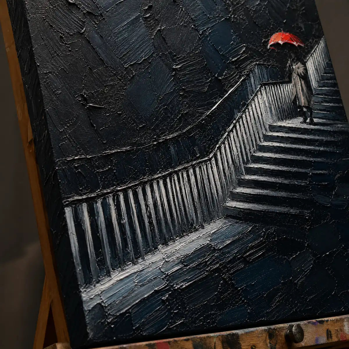 Close-up detail of Ascent In Red showing hand-painted texture and part of the frame