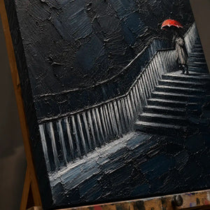 Close-up detail of Ascent In Red showing hand-painted texture and part of the frame