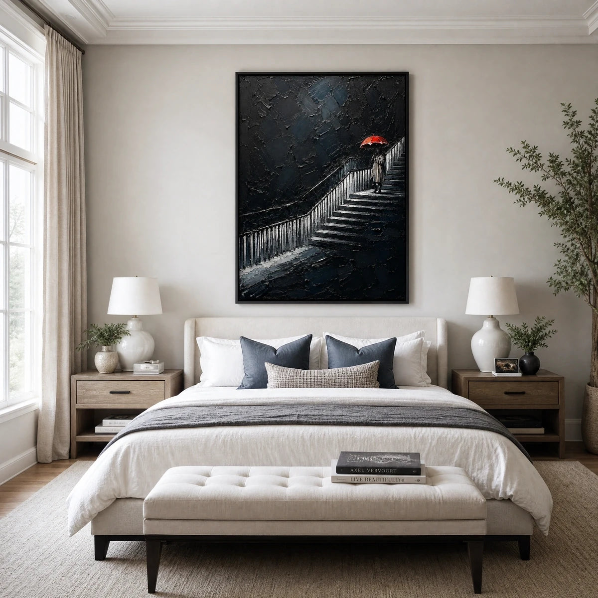Ascent In Red in a refined bedroom with black frame