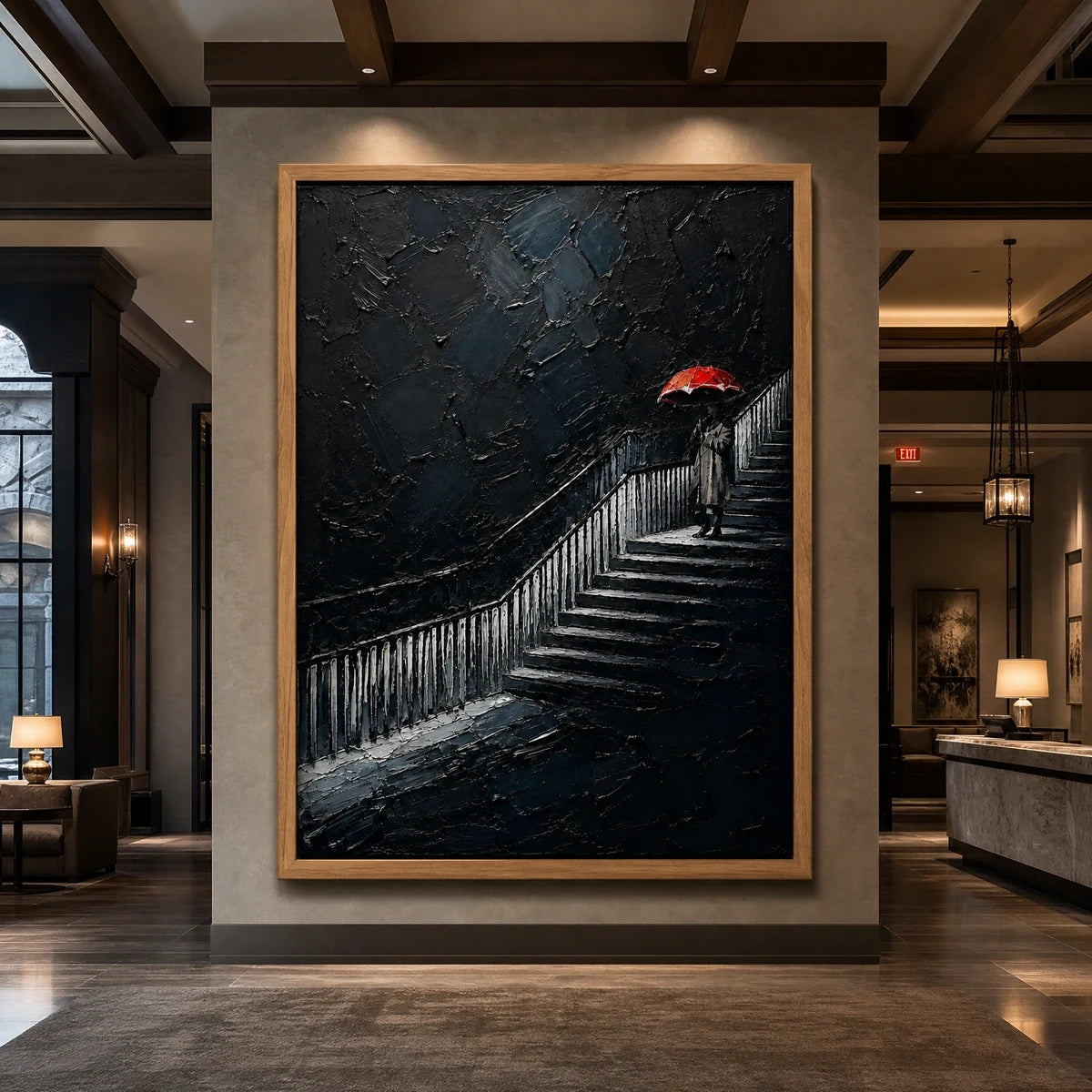 Ascent In Red in a refined hotel interior with wood frame