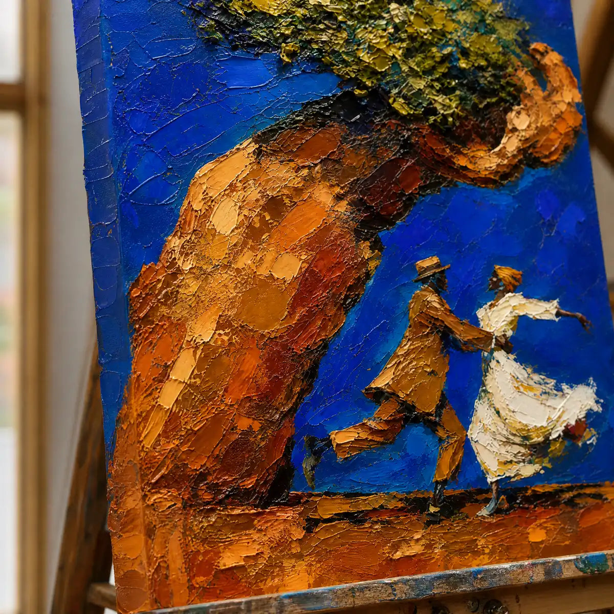 Close-up detail of Beneath The Golden Tree showing hand-painted texture and part of the frame