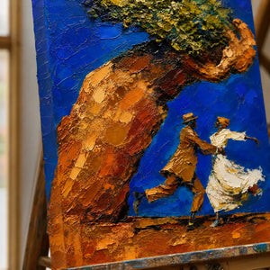 Close-up detail of Beneath The Golden Tree showing hand-painted texture and part of the frame