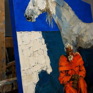 Close-up detail of Scarlet Riders showing hand-painted texture and part of the frame